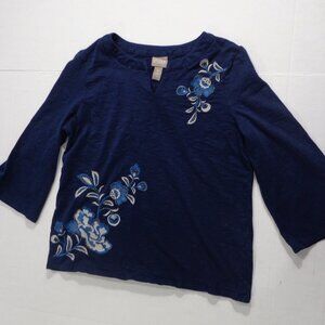 Chico's Women's Top Navy Blue Embroidered Floral 3/4 Sleeve Size 1 (8 Medium)
